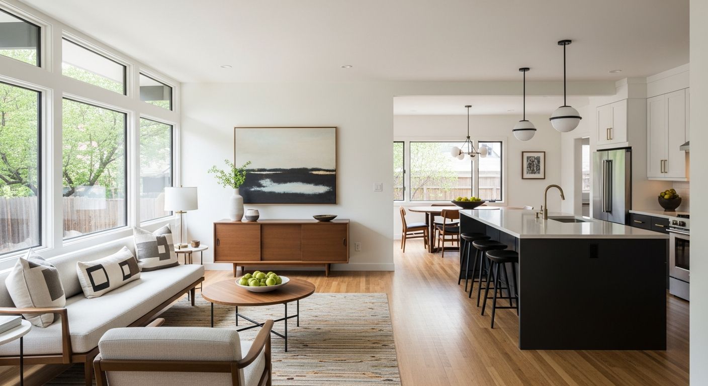 Renovated mid-century ranch Denver home interior with clean lines and a bright open plan